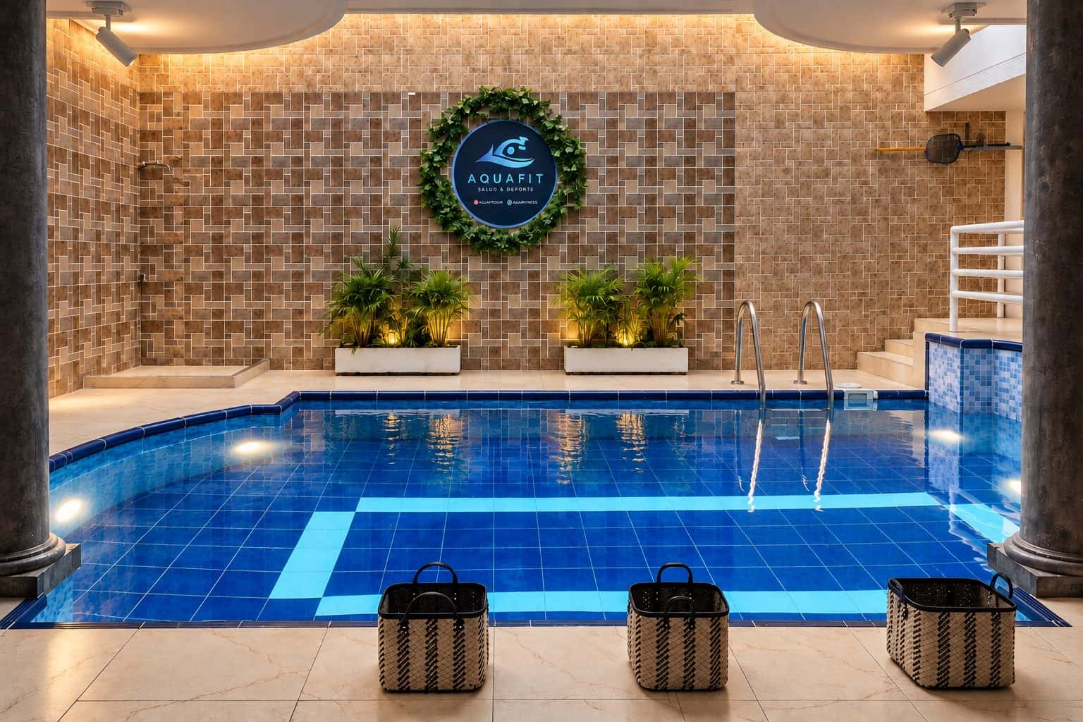 Piscina terapéutica de KORU rodeada de madera y luz cálida